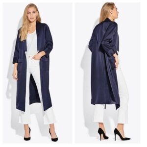 ayr - crystal cove jacket‎ satin duster collared open front midi navy blue